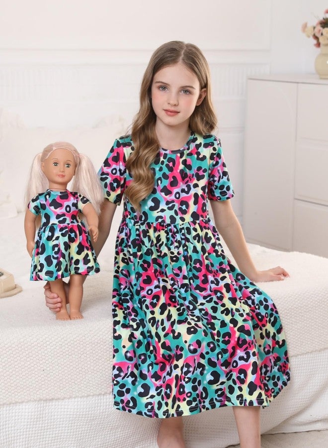 Bow Dream Girls Dress and Matching Doll Clothes Accessories for Girls Short Sleeve Leopard Kids Dress Size 110 - Image 4